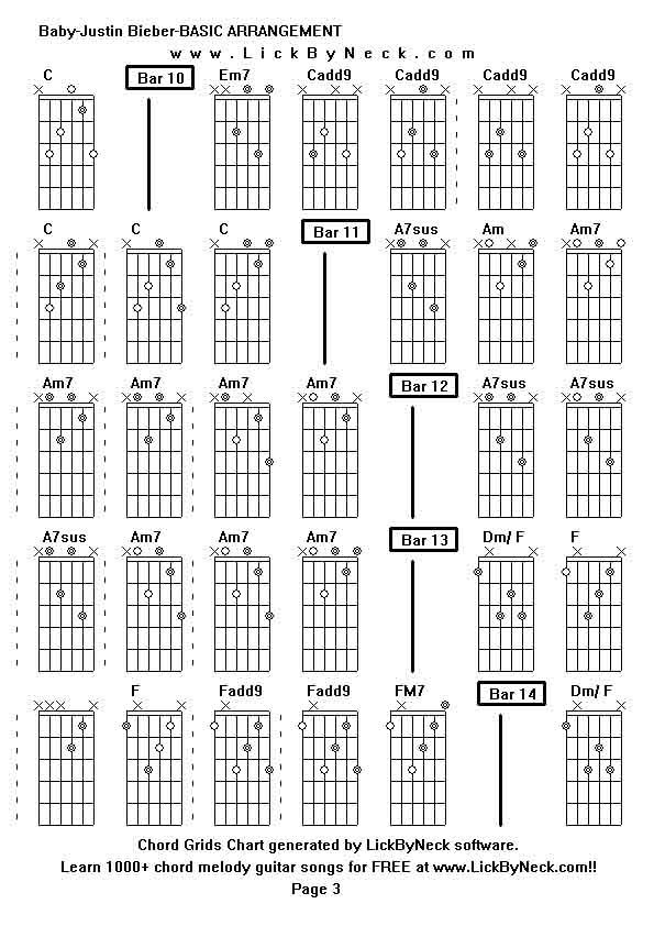 Chord Grids Chart of chord melody fingerstyle guitar song-Baby-Justin Bieber-BASIC ARRANGEMENT,generated by LickByNeck software.